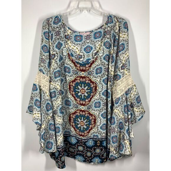 Free 2 Luv Womens Geometric Bell Sleeve Scoop Neckline Blouse Multicolor Size 3X - Picture 1 of 7